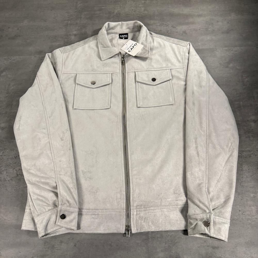 Capo Suede Jacket Mens M Silver Grey Full Zip Faux Suede Trucker Bomber Coat